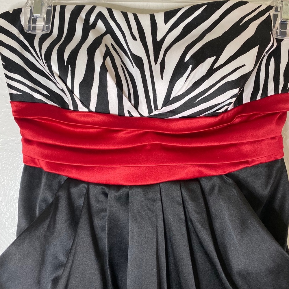 Strapless Mini Dress Zebra Print Red Ribbon Sash - Picture 3 of 5
